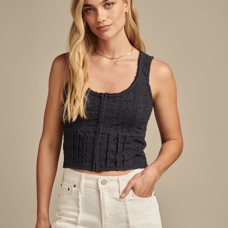 Lucky Brand Knit Eyelet Corset Top - Women's Clothing Knit Tops Tee Shirts in India Ink