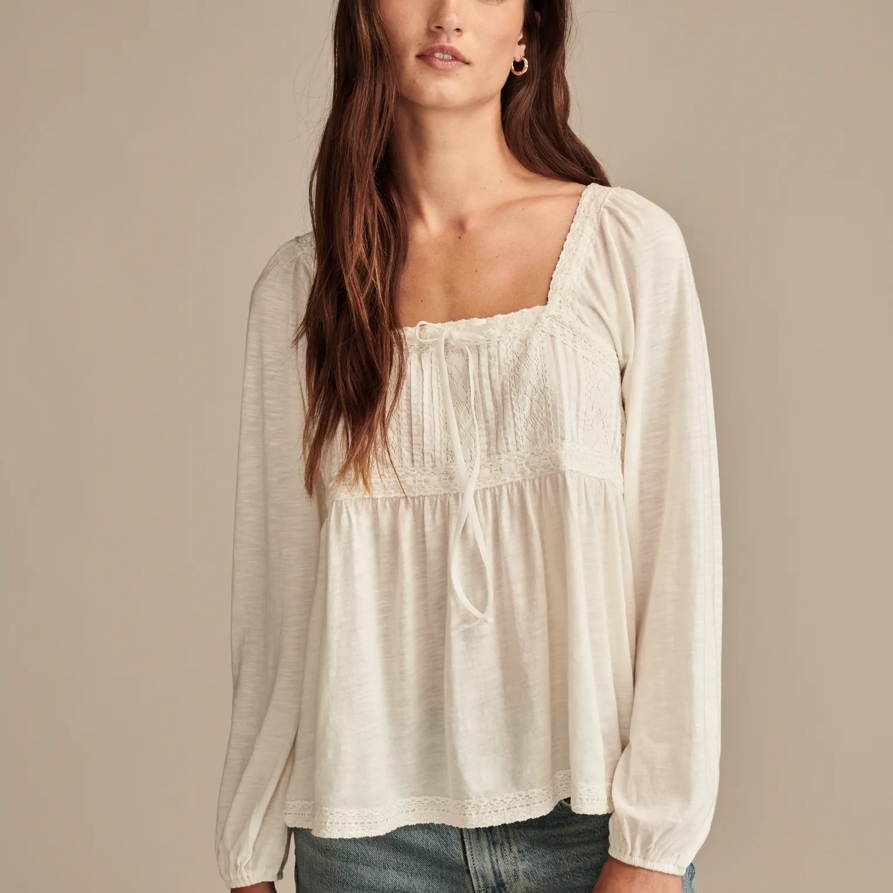 Lucky Brand Lace Paneled Tunic Tee - Women's Clothing Tops Shirts Tee Graphic T Shirts in Whisper White