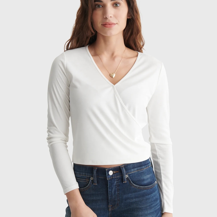 Lucky Brand Long Sleeve Surplice Rib-Knit Top - Women's Clothing Knit Tops Tee Shirts in Marshmallow