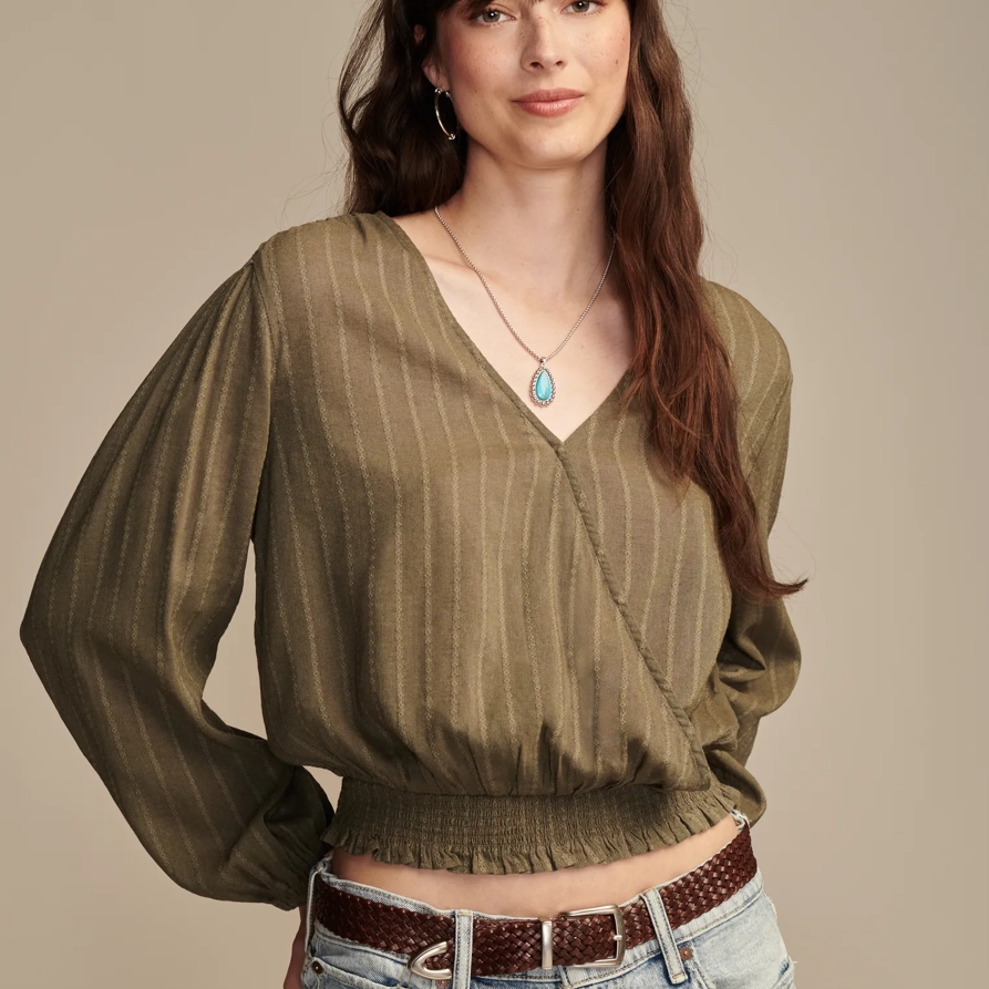 Lucky Brand Long Sleeve Wrap Smocked Top - Women's Clothing Wrap Tops Tee Shirts in Dusty Olive