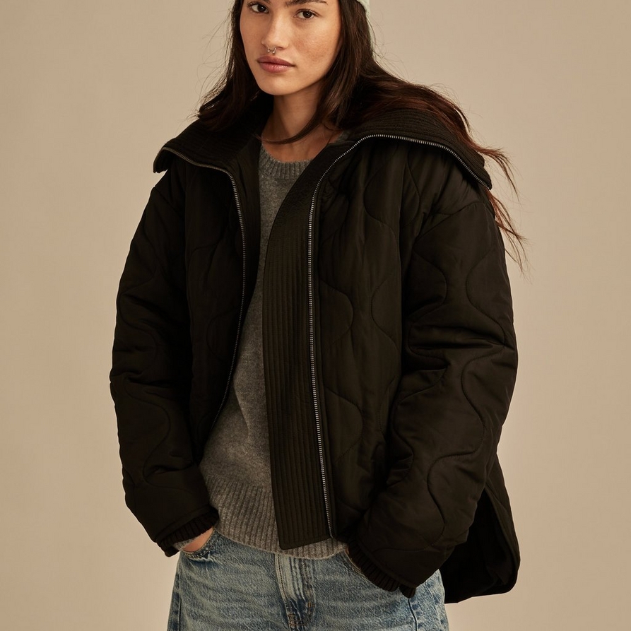 Lucky Brand Quilted Jacket With Ribbed Collar - Women's Clothing Outerwear Jackets Coats in #001 Black