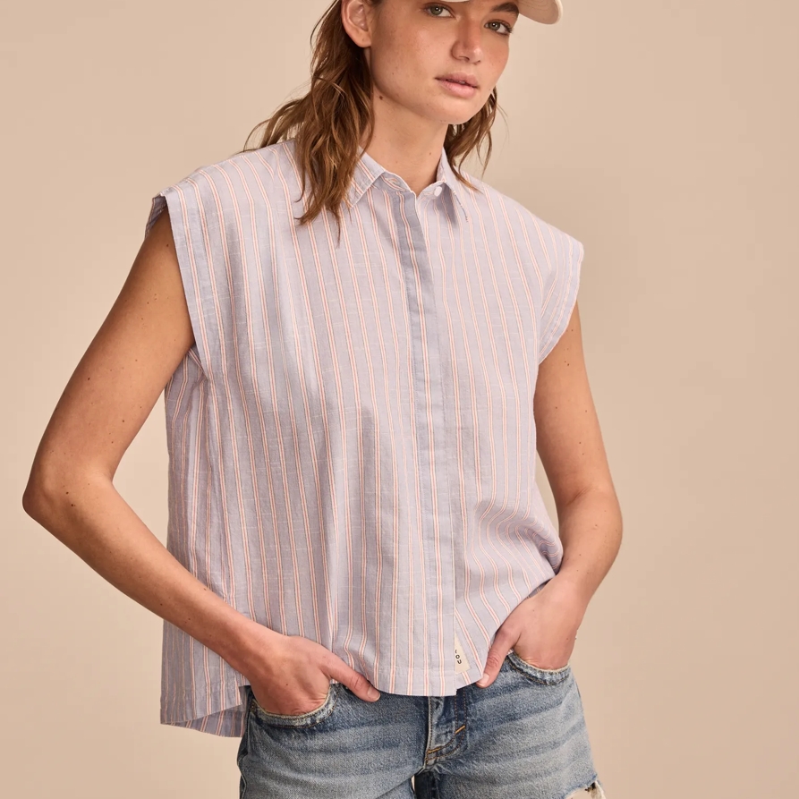 Lucky Brand Sleeveless Tunic Buttondown - Women's Clothing Tunic Tops Tees Shirts in Blue Stripe