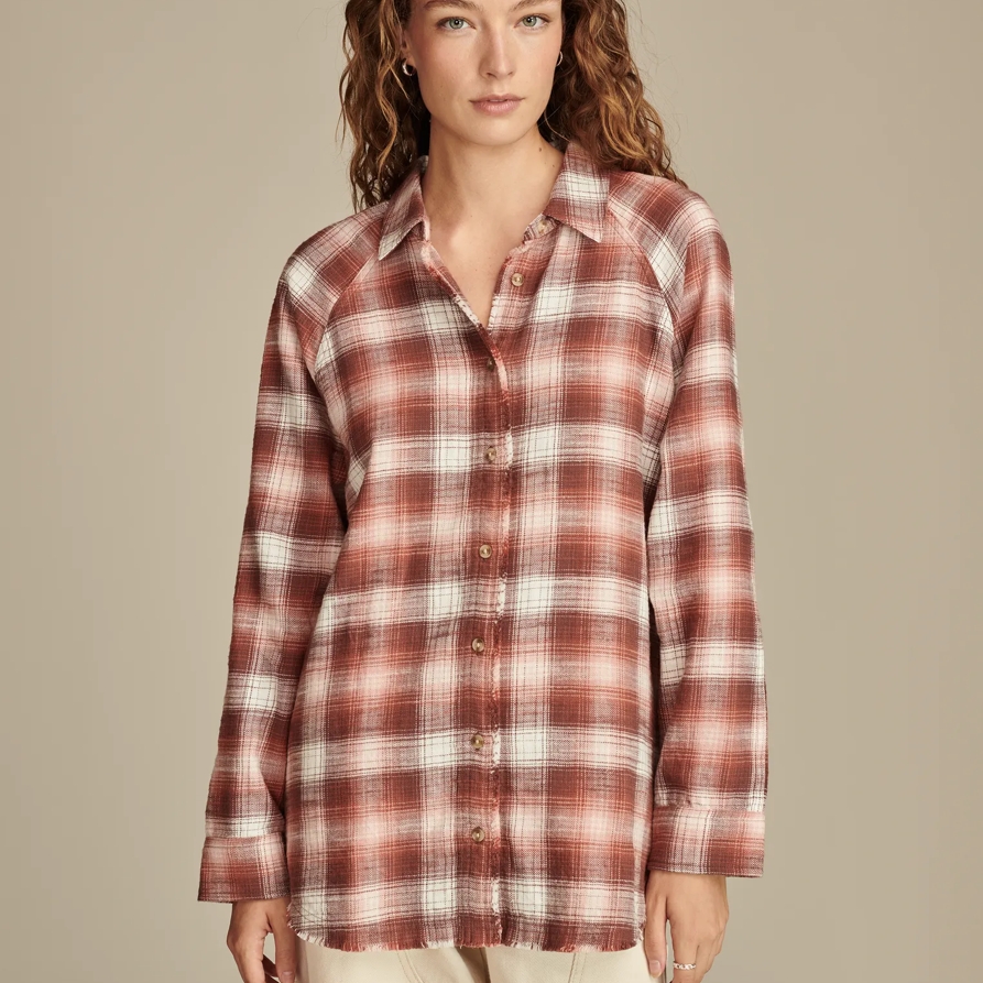 Lucky Brand Tunic Plaid Flannel Shirt - Women's Clothing Tops Flannels Plaid Shirts in Brown Plaid