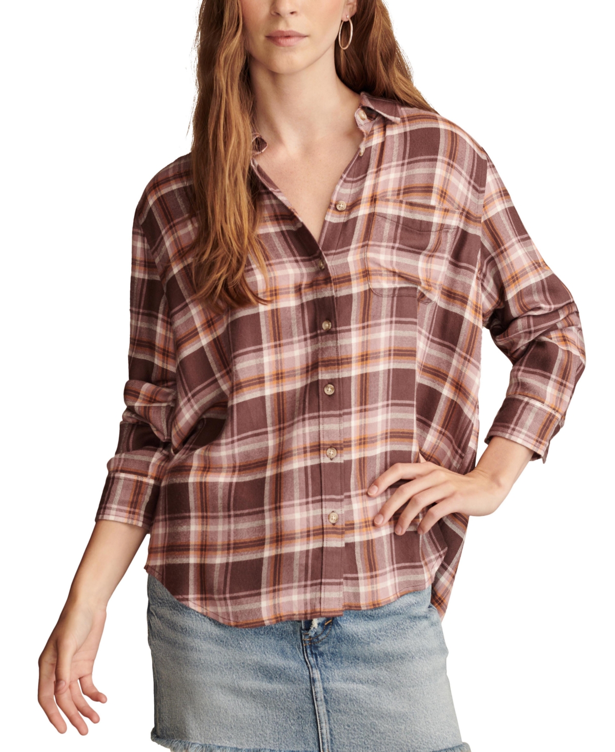 Lucky Brand Women's Cloud Plaid Boyfriend Shirt - Brown Plaid