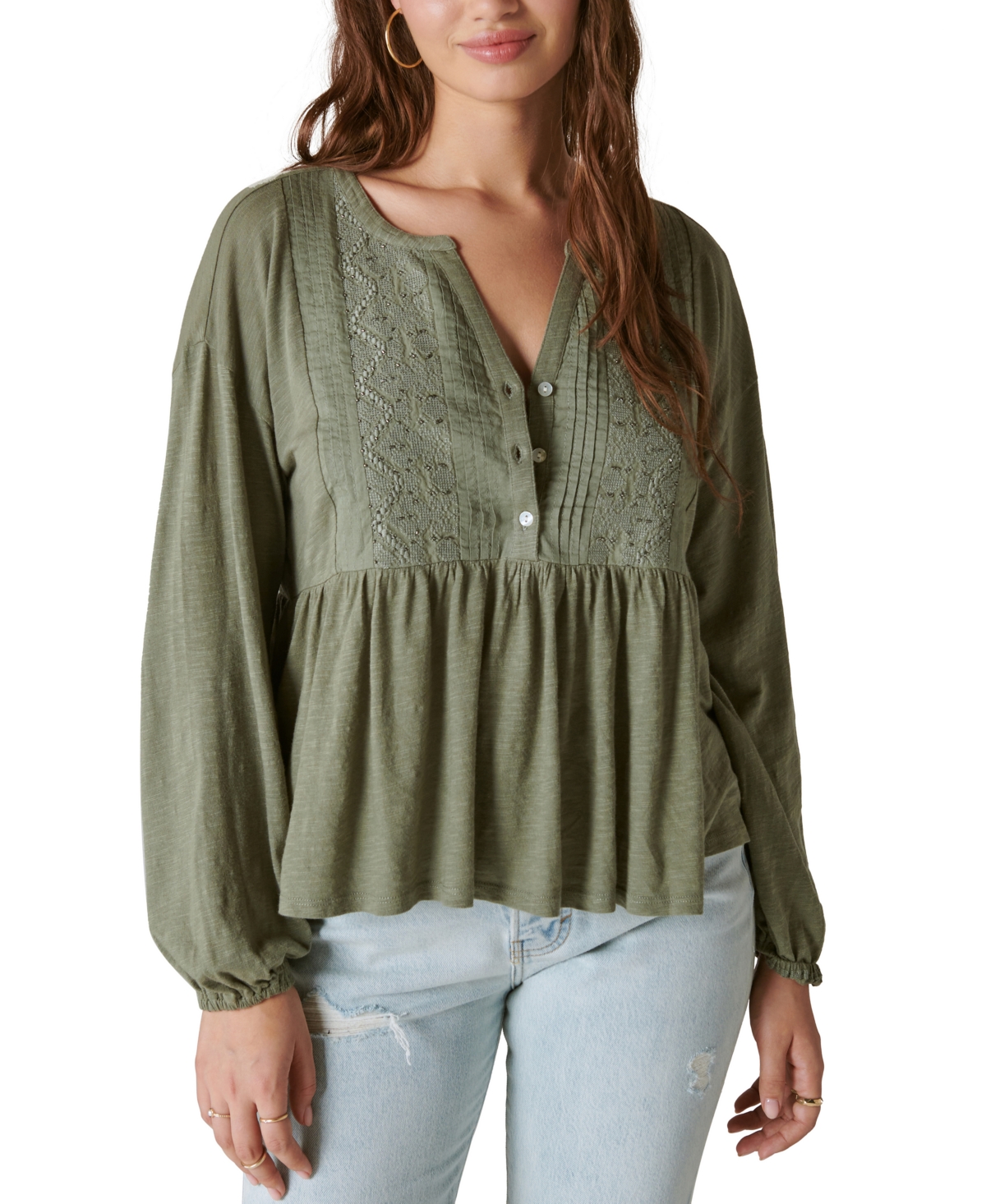 Lucky Brand Women's Embroidered Pintuck Peplum Top - Balsam Green