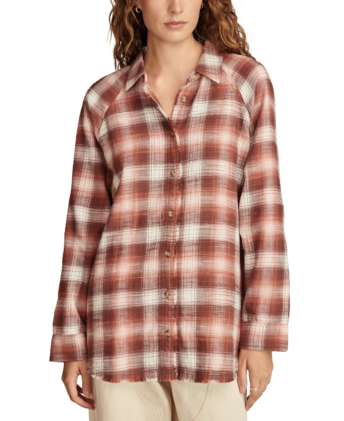 Lucky Brand Women's Plaid Button-Down Long-Sleeve Tunic Shirt - Brown Plaid