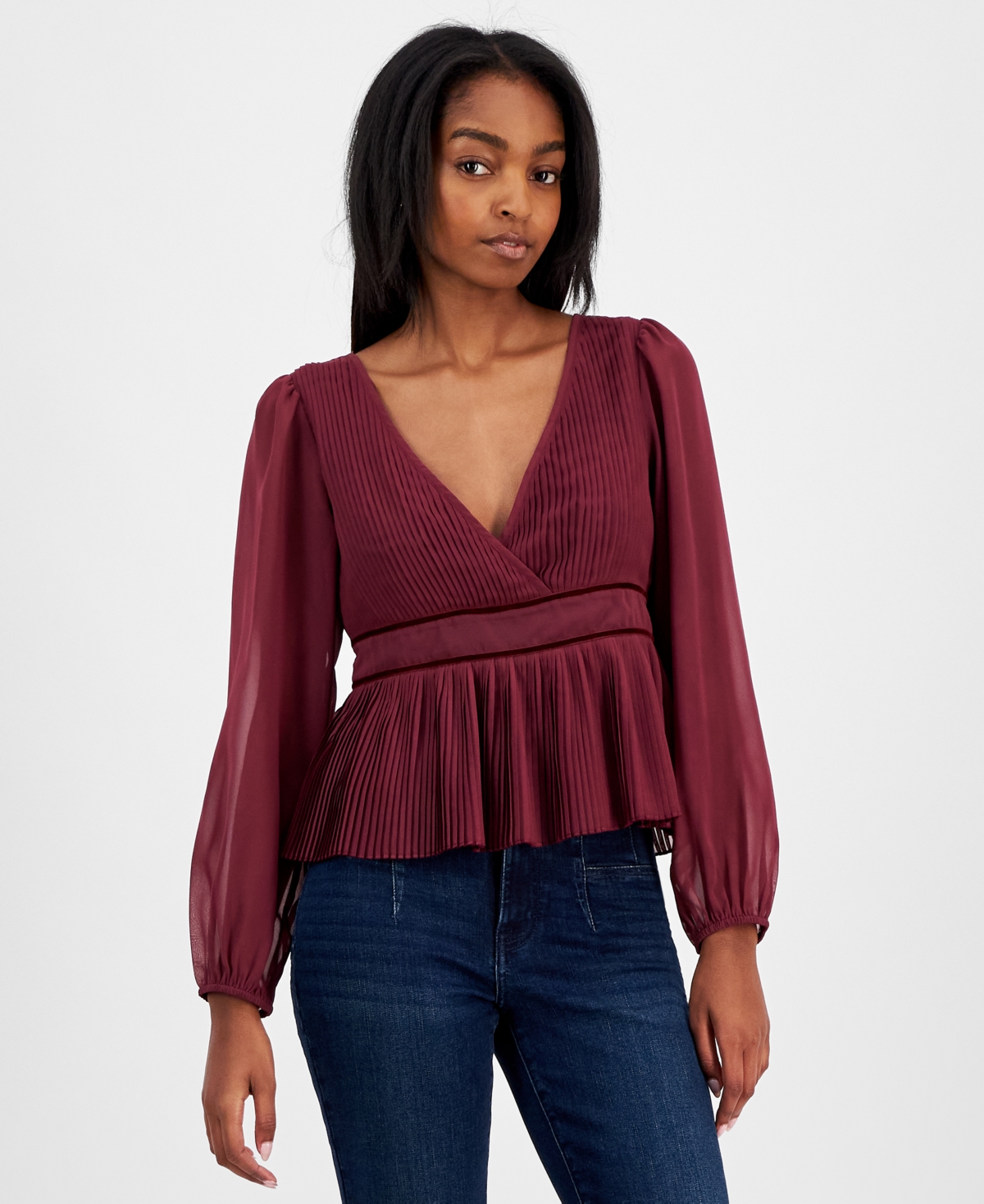 Lucky Brand Women's Pleated Peplum Top - Burgundy