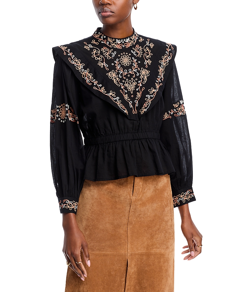 Lucky & Coco Multi Embroidered Ruffled Peplum Top