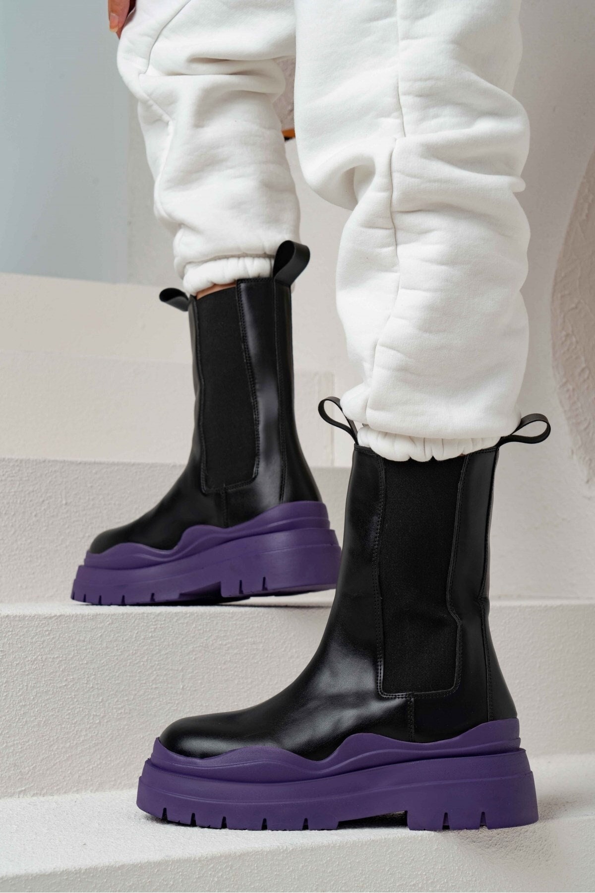 Luscious London Bella Purple Stretch Insert Chunky Ankle Boots