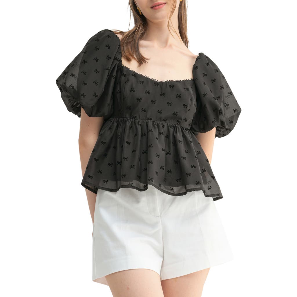 Lush Flocked Bow Puff Sleeve Crop Peplum Top in Black at Nordstrom Rack, Size X-Large