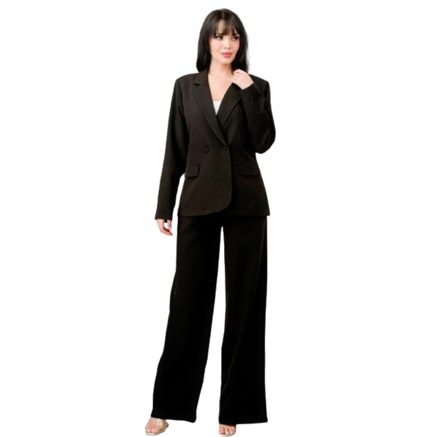 Luxe Stretch Woven Loose Fit Blazer And Wide Legs Pants Semi Formal Set