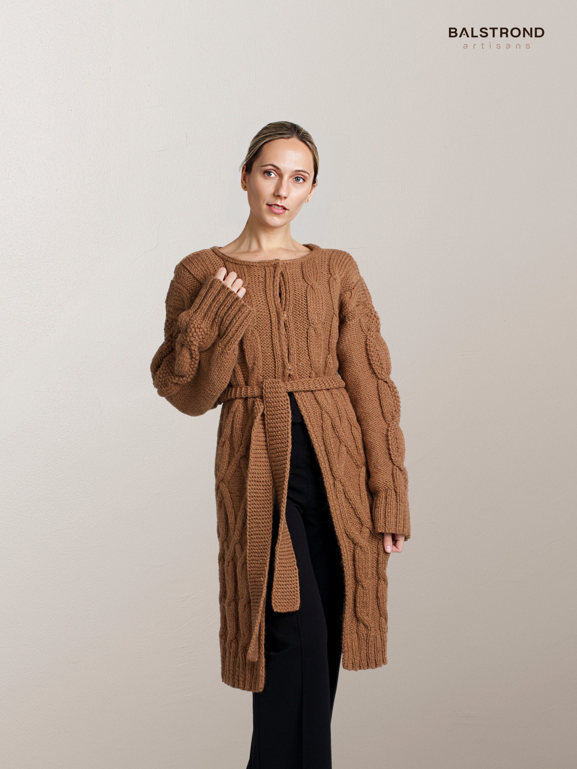 Luxury Chunky Hand Knit Alpaca Coat, Handmade Cable Aran Cardigan, Long Camel Oversized Duster, Woman's Merino Wool Coatigan, Jacket