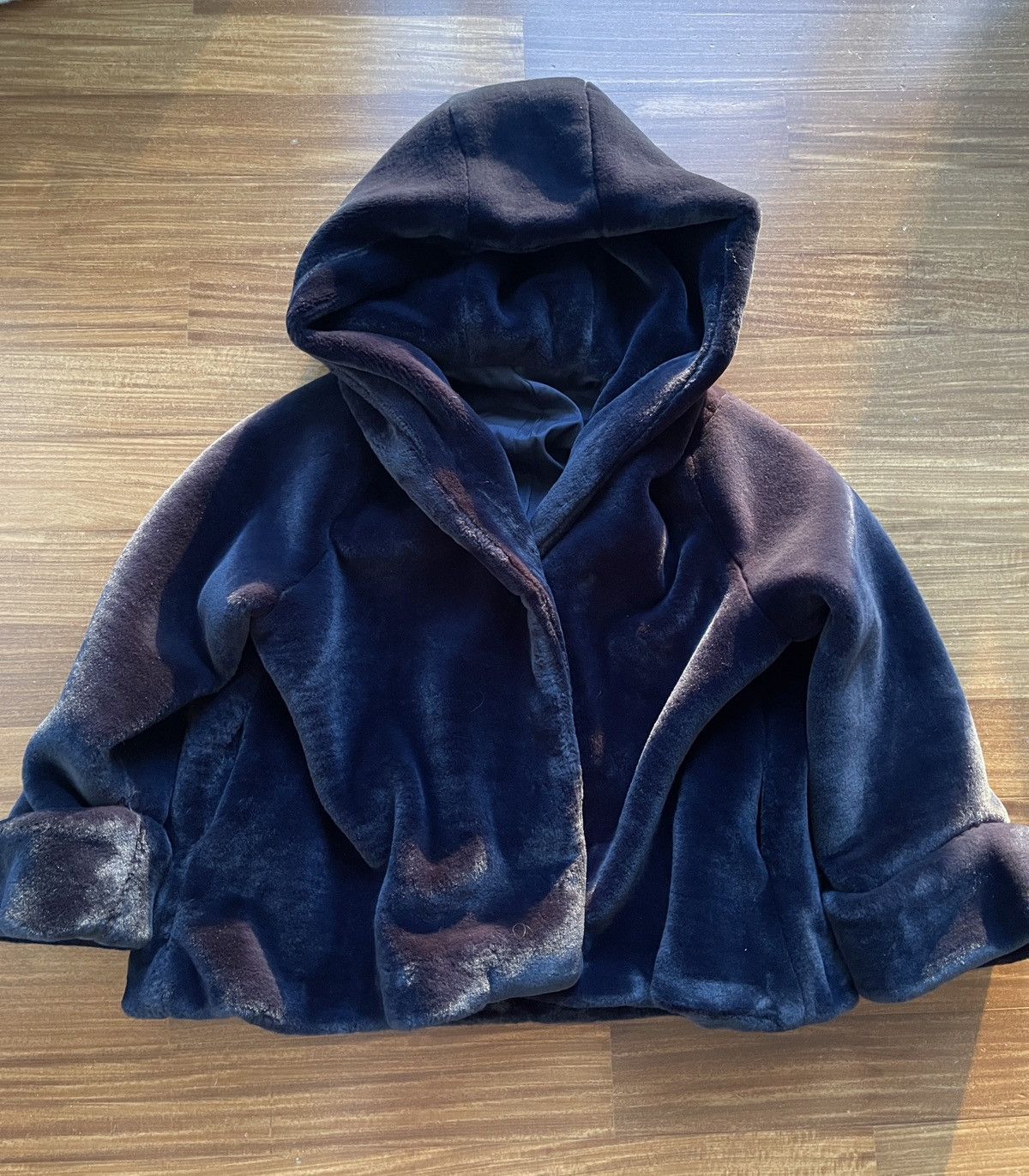 Luxury Faux Fur Cape Coat in Navy, Women's (Size Medium)