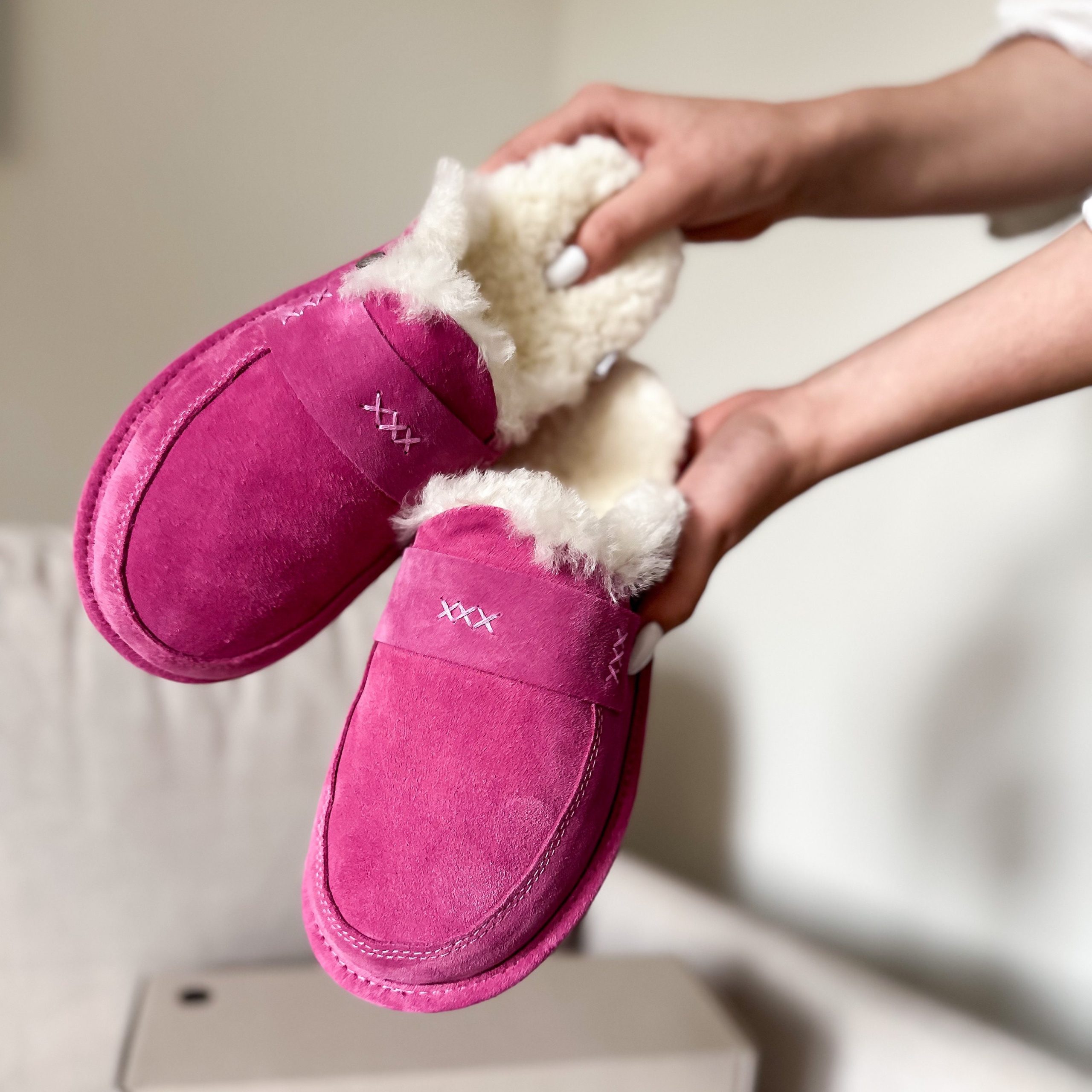 Luxury Pink Slip On Slippers For Women 36-42, Natural 100% Sheepskin Moccasins Mule, Fluffy Wool Flip-Flops, Stylish, Gift Idea Her