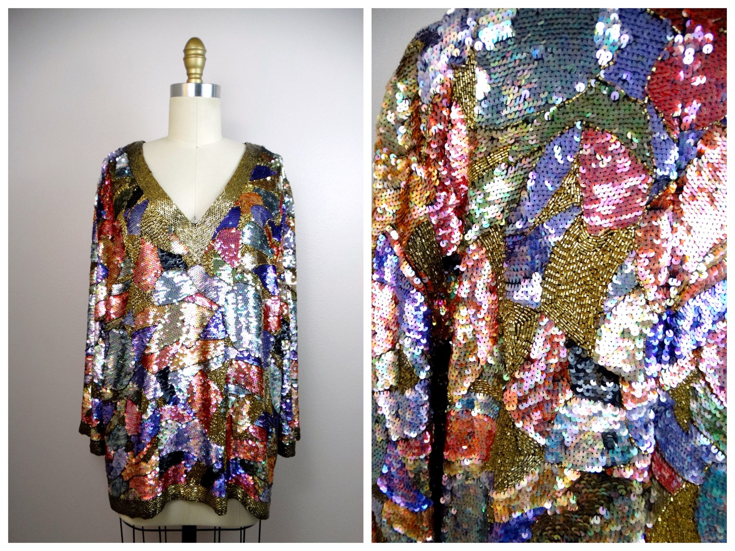 L/xl Oleg Cassini Sequined Tunic/Sparkly Embellished Fancy Top Abstract Sequin L Large