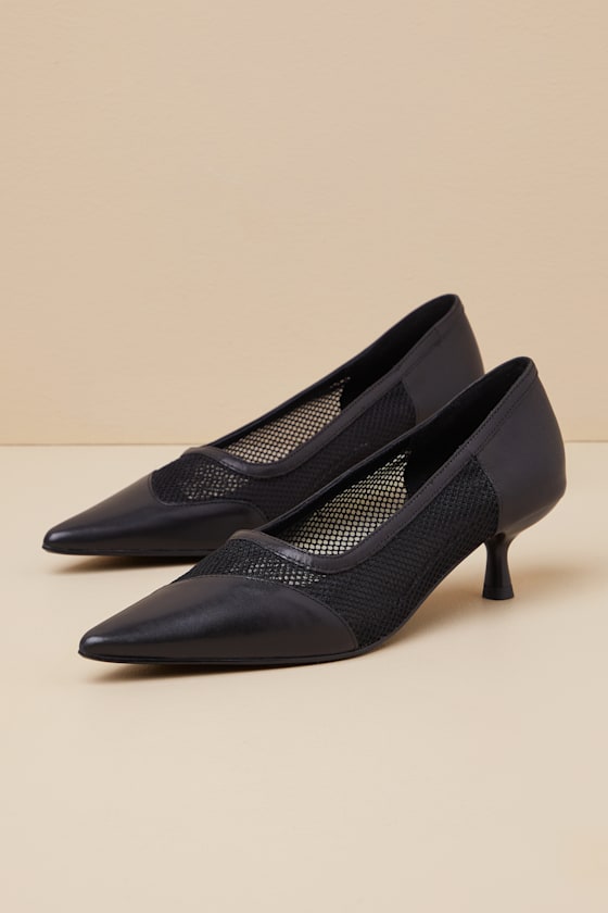 Lykke Black Leather Mesh Kitten Heel Pumps