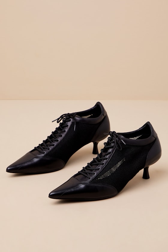 Lykke Black Leather Mesh Lace-Up Kitten Heel Pumps