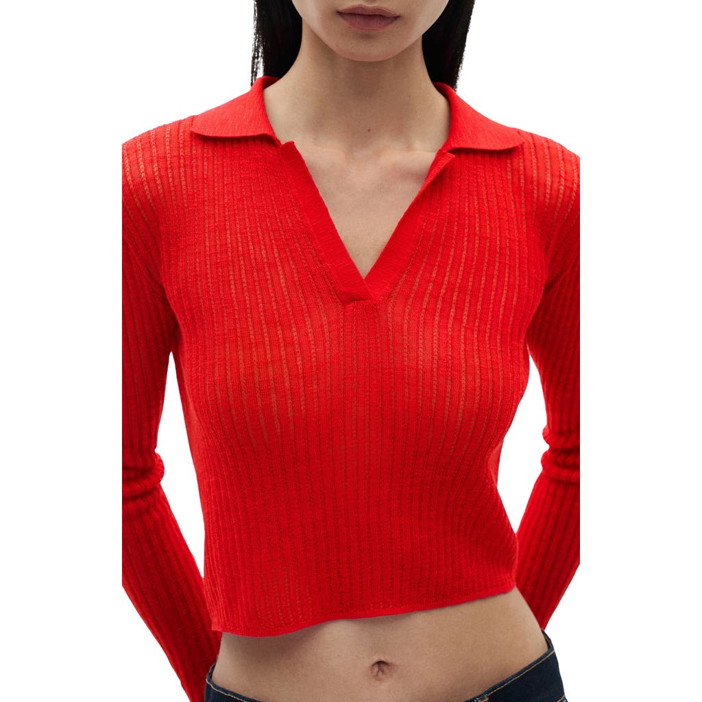 MANGO Polo Rib Long Sleeve Crop Top in Red at Nordstrom, Size X-Small