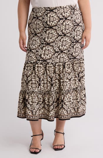 MAX STUDIO Tiered Maxi Skirt in Black/Sesame Damsk Shell at Nordstrom Rack, Size 2X