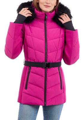 MICHAEL Michael Kors Women's Belted Puffer Coat with Faux Fur Hood, Small