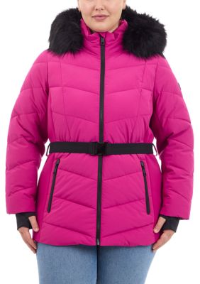 MICHAEL Michael Kors Women's Plus Size Belted Puffer Coat with Faux Fur Hood, 1X