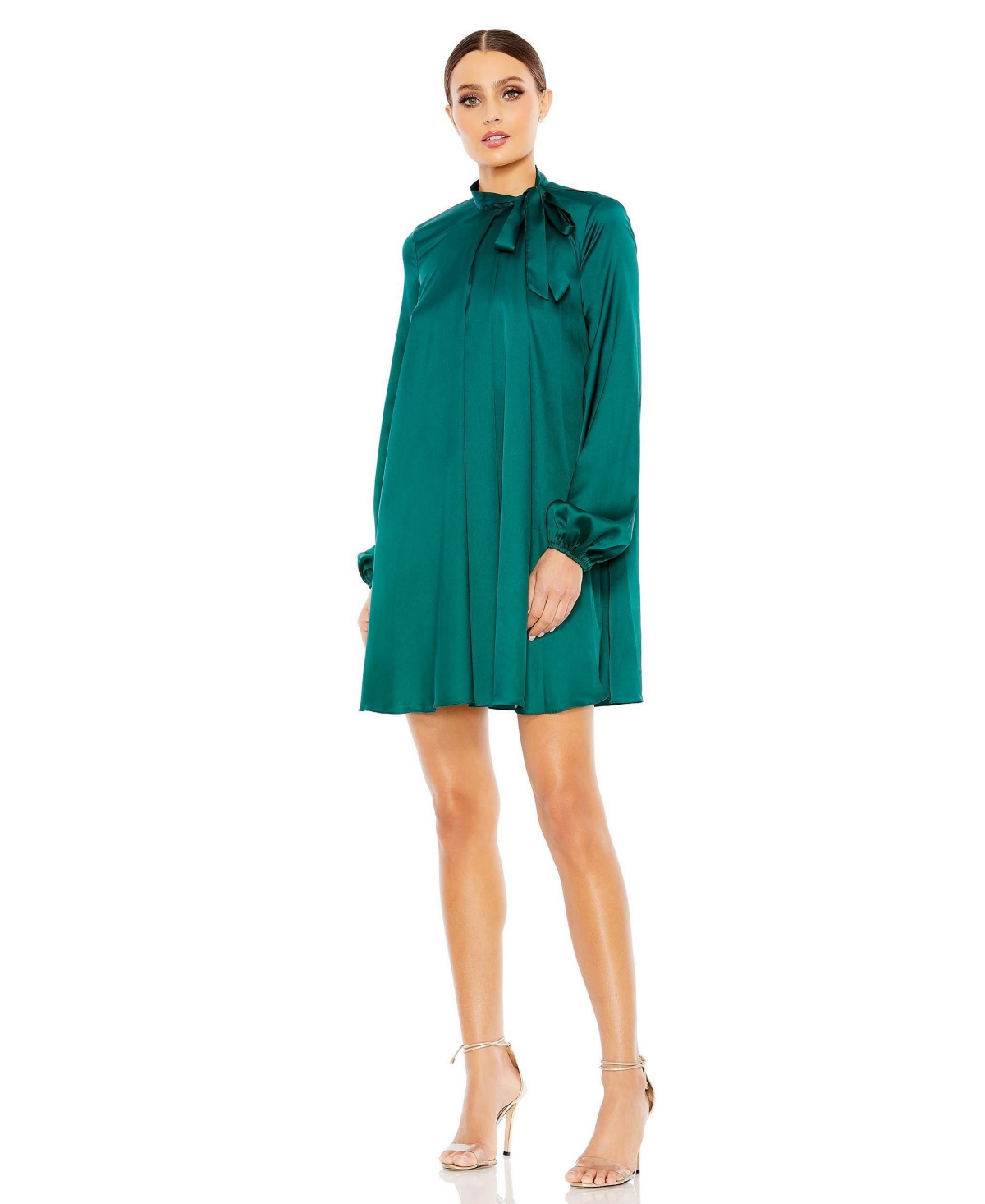 Mac Duggal Women's Soft Tie High Neck Pull Sleeve Shirt Dress - Emerald