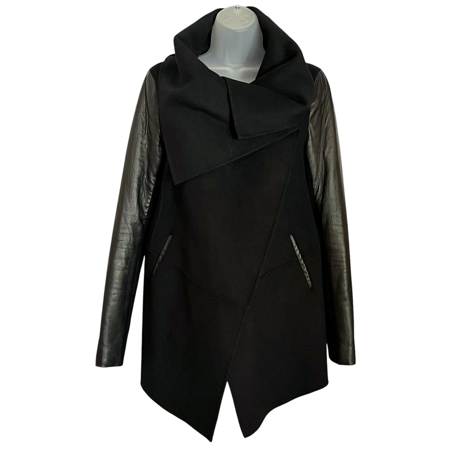 Mackage Vane Black Draped Wrap Lambskin Leather Wool Coat, Women's (Size XS)