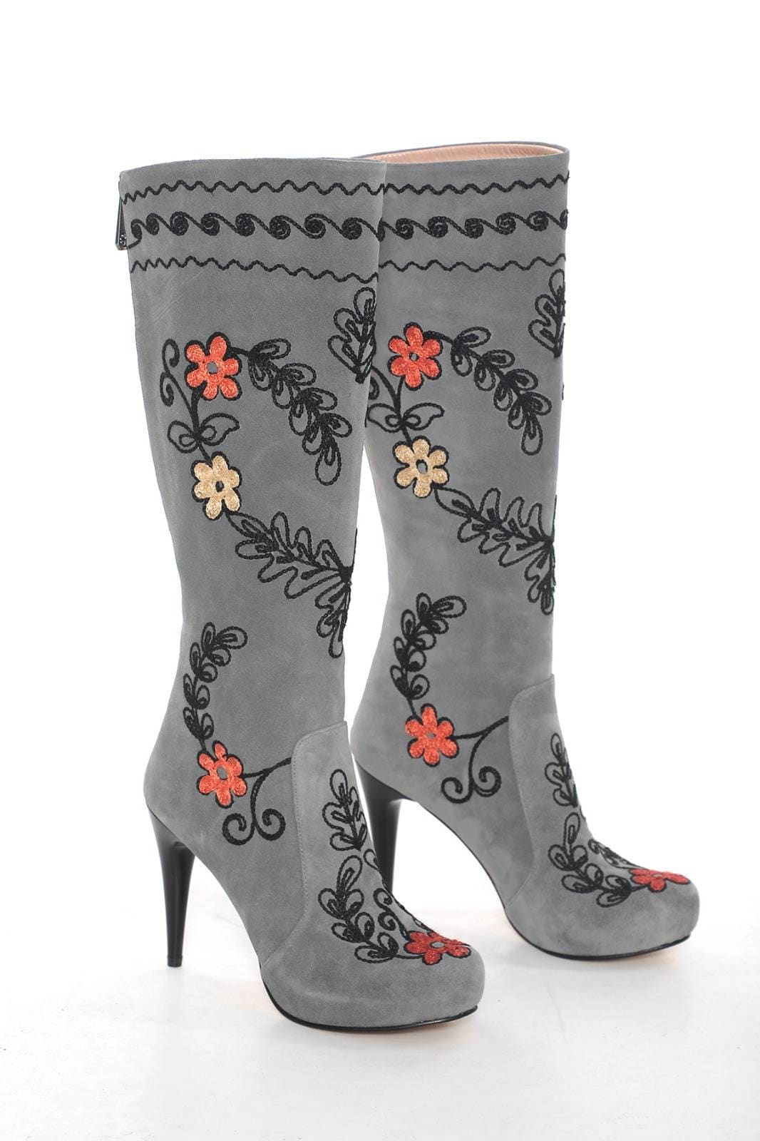 Made To Order Genuine Suede Leather Stiletto Heel Boots, Suzani Embroidery Gray Suede, Platform Knee High Comfy Boots