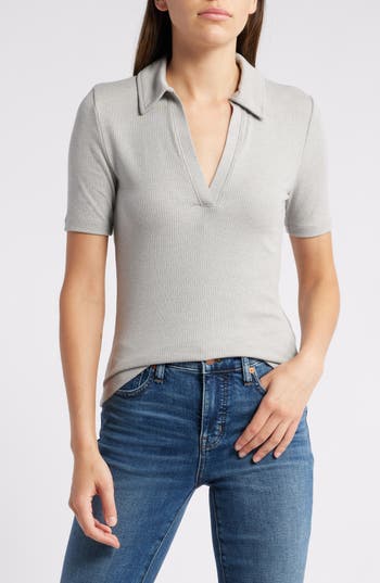 Madewell Drapey Rib Polo Top in Heather Steel Morning at Nordstrom Rack, Size Xx-Small