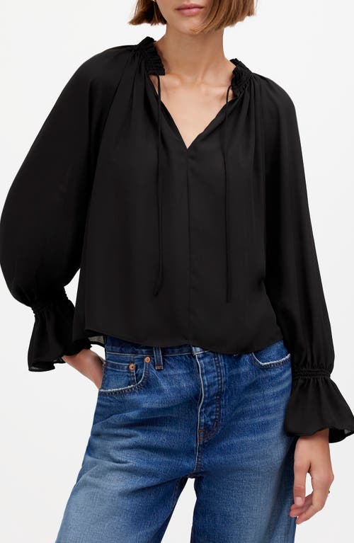 Madewell Long-Sleeve Tie-Neck Top in True Black at Nordstrom, Size Xx-Small