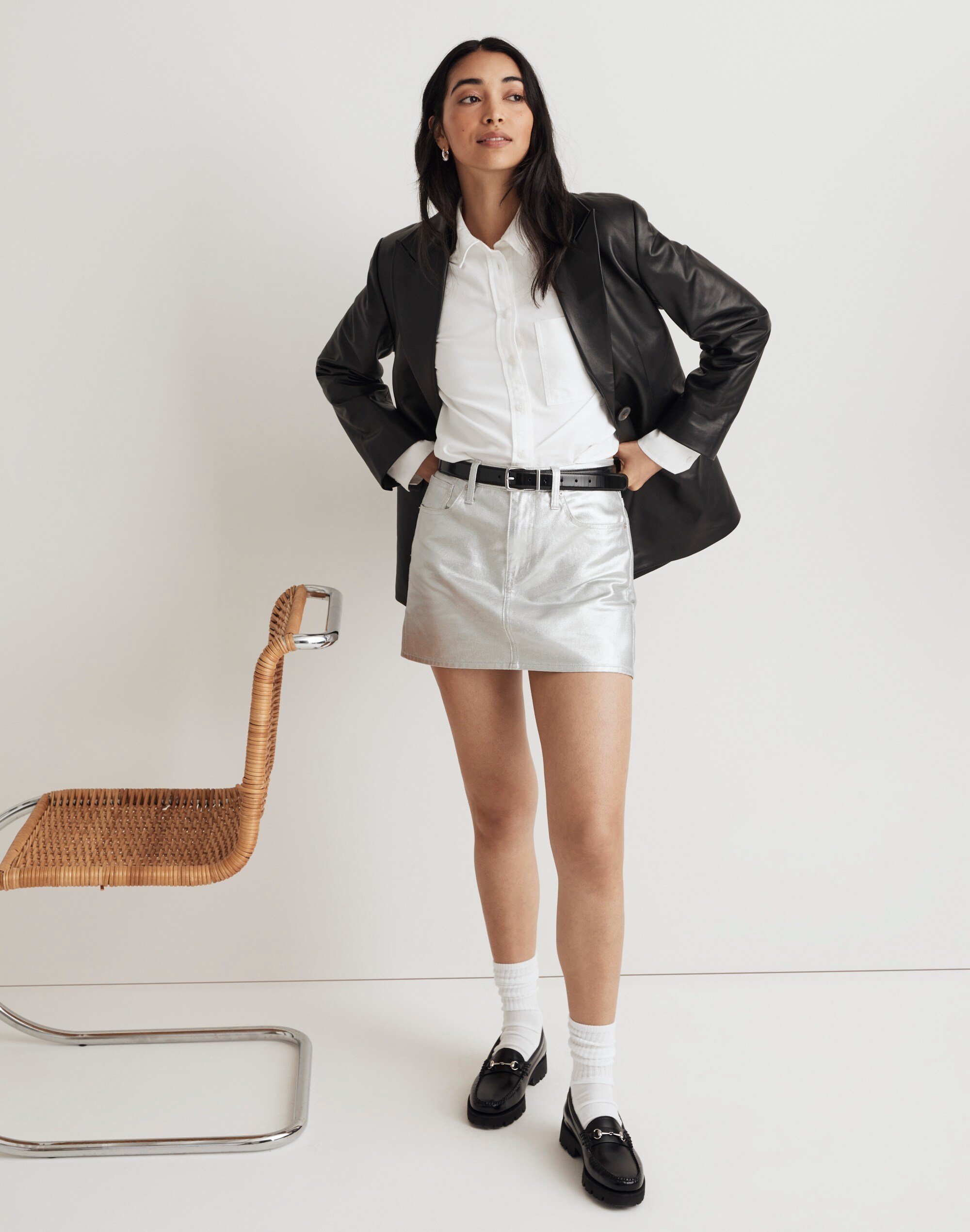 Madewell x Aimee Song Denim Mini Skirt in Coated Silver