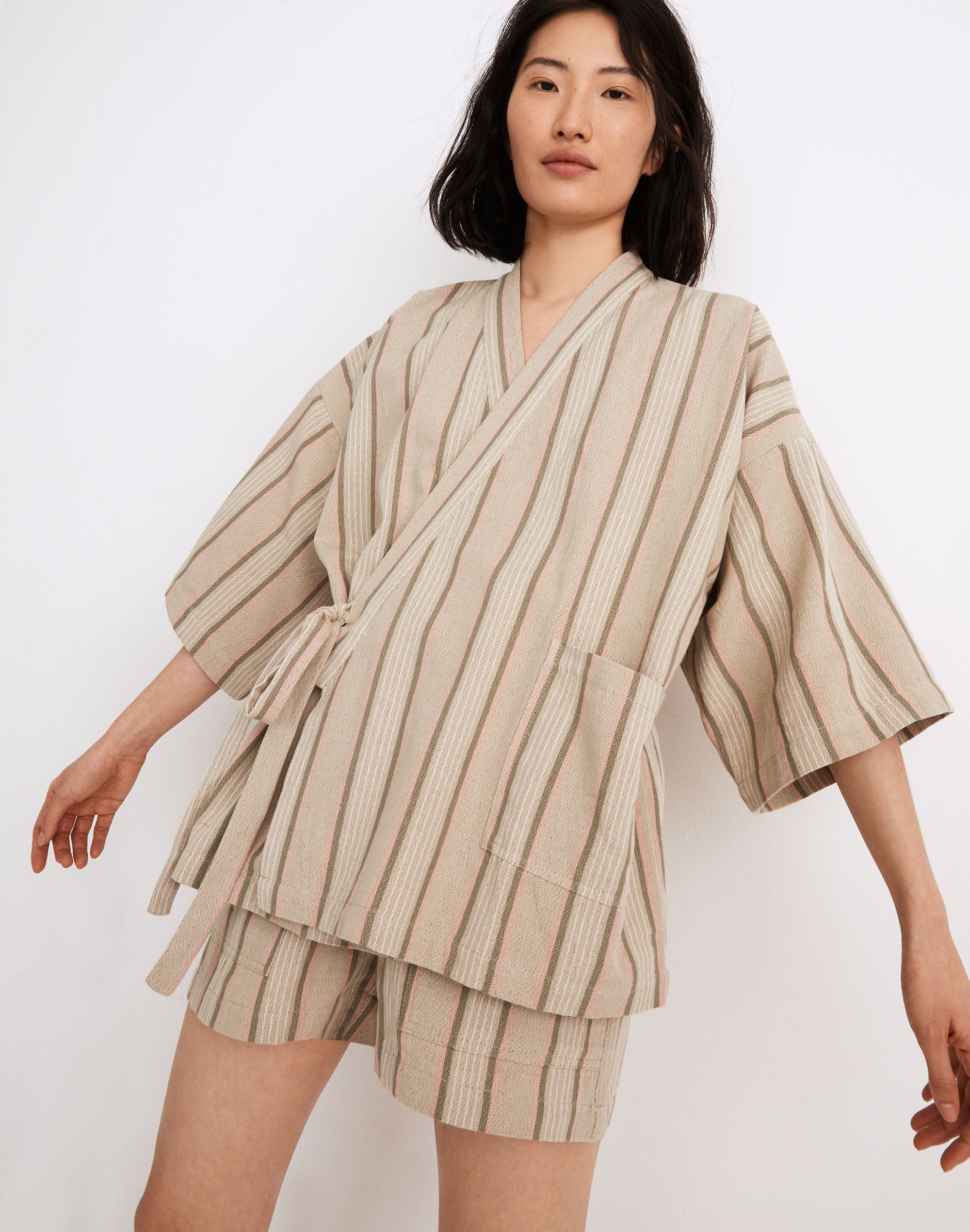 Madewell x Oddbird Striped Linen-Cotton Lounge Wrap Top