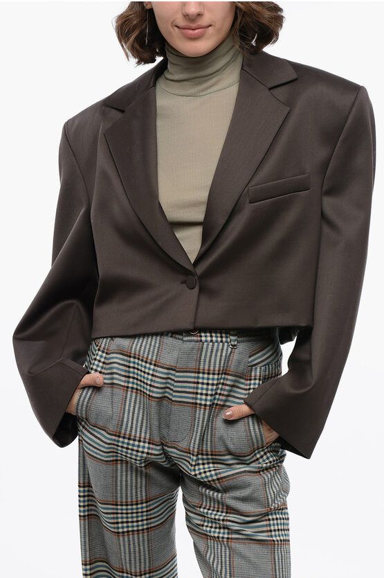 Magda Butrym Cool Wool Cropped Blazer With Oversized Fit in Brown, Women's (Size XS)