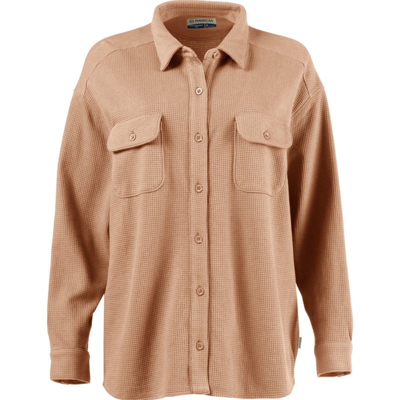 Magellan Outdoors Women's Happy Camper Oversized Waffle Shirt Jacket Camel, X-Small - Women's Outdoor Long-Sleeve Tops at Academy Sports