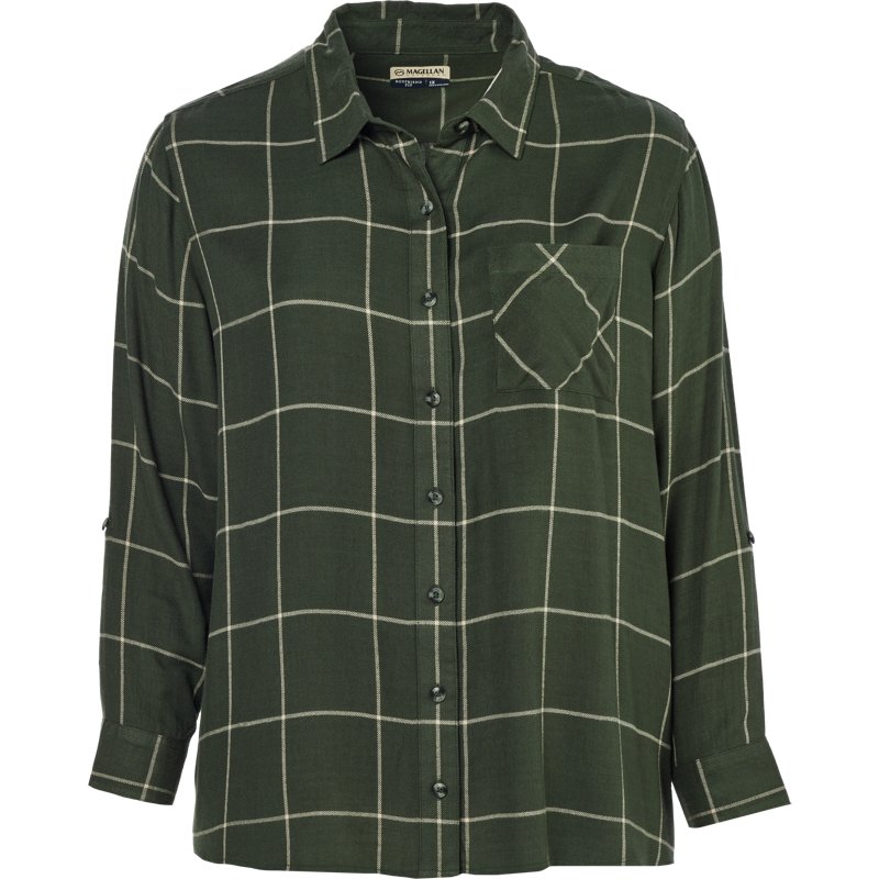 Magellan Outdoors Women's Willow Creek Long Sleeve Plaid Button Down Plus Size Blouse Forest Green Plaid, 1X - Women's Outdoor Long-Sleeve Tops