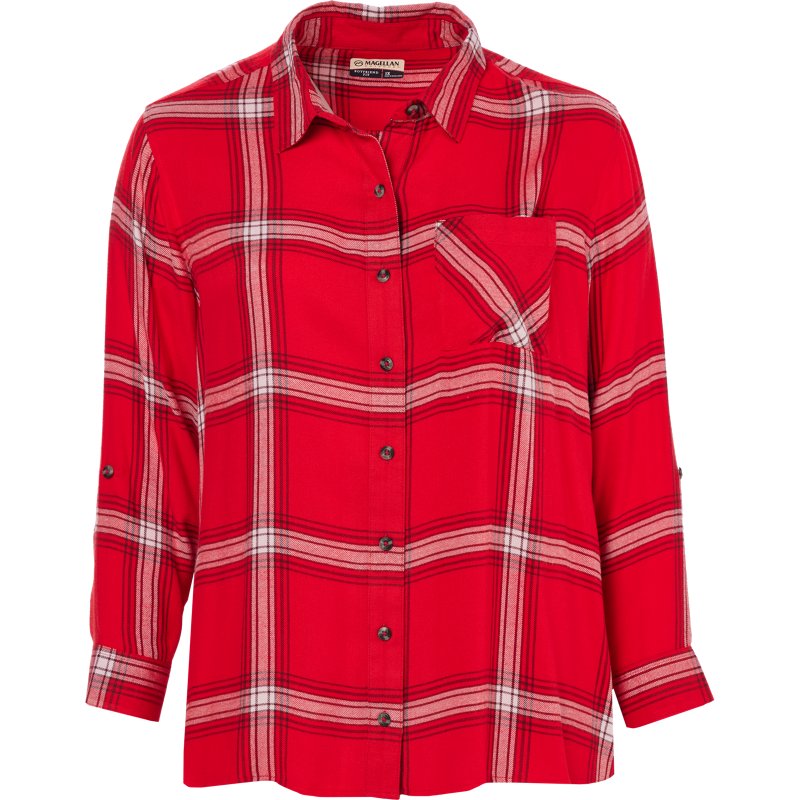 Magellan Outdoors Women's Willow Creek Long Sleeve Plaid Button Down Plus Size Blouse Racing Red Plaid, 1X - Women's Outdoor Long-Sleeve Tops