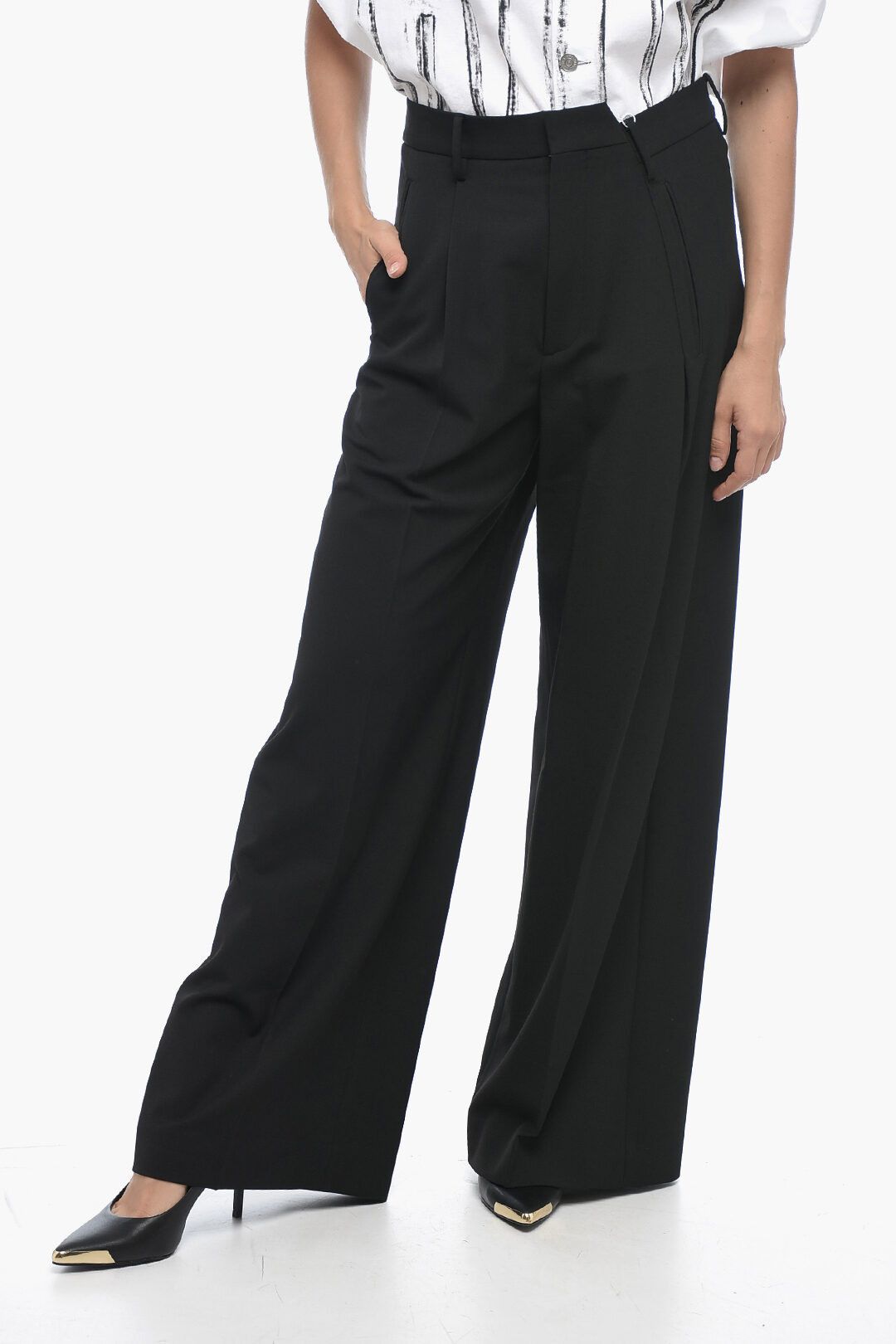 Maison Margiela Og1Mm1224 Wide-Leg Pleated Pant In Black, Women's (Size 25)