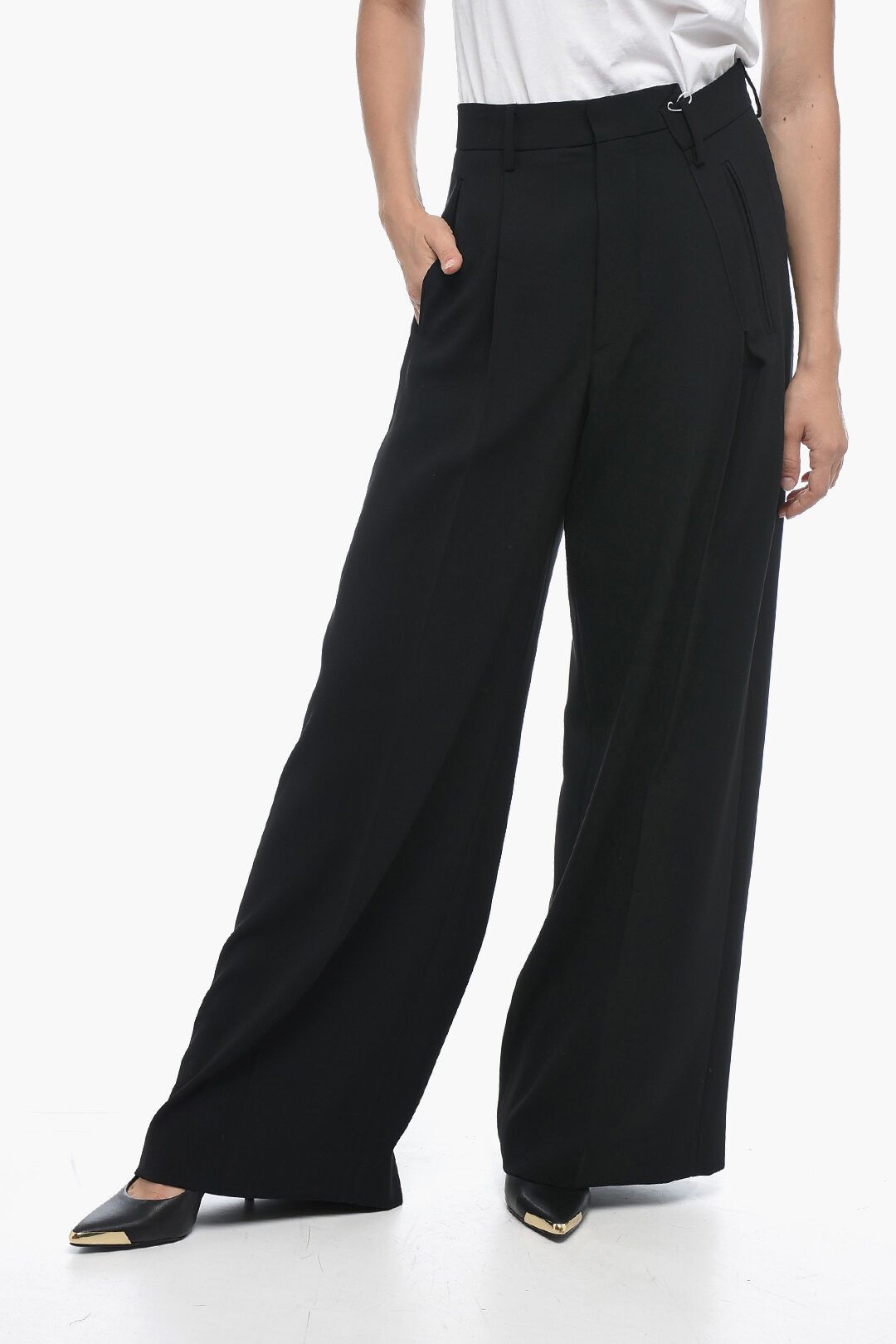 Maison Margiela Og1Mm1224 Wide-Leg Pleated Pant In Black, Women's (Size 28)