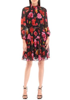 Maison Tara Women's Long Sleeve Tie Waist Floral A-Line Dress, Black, 4