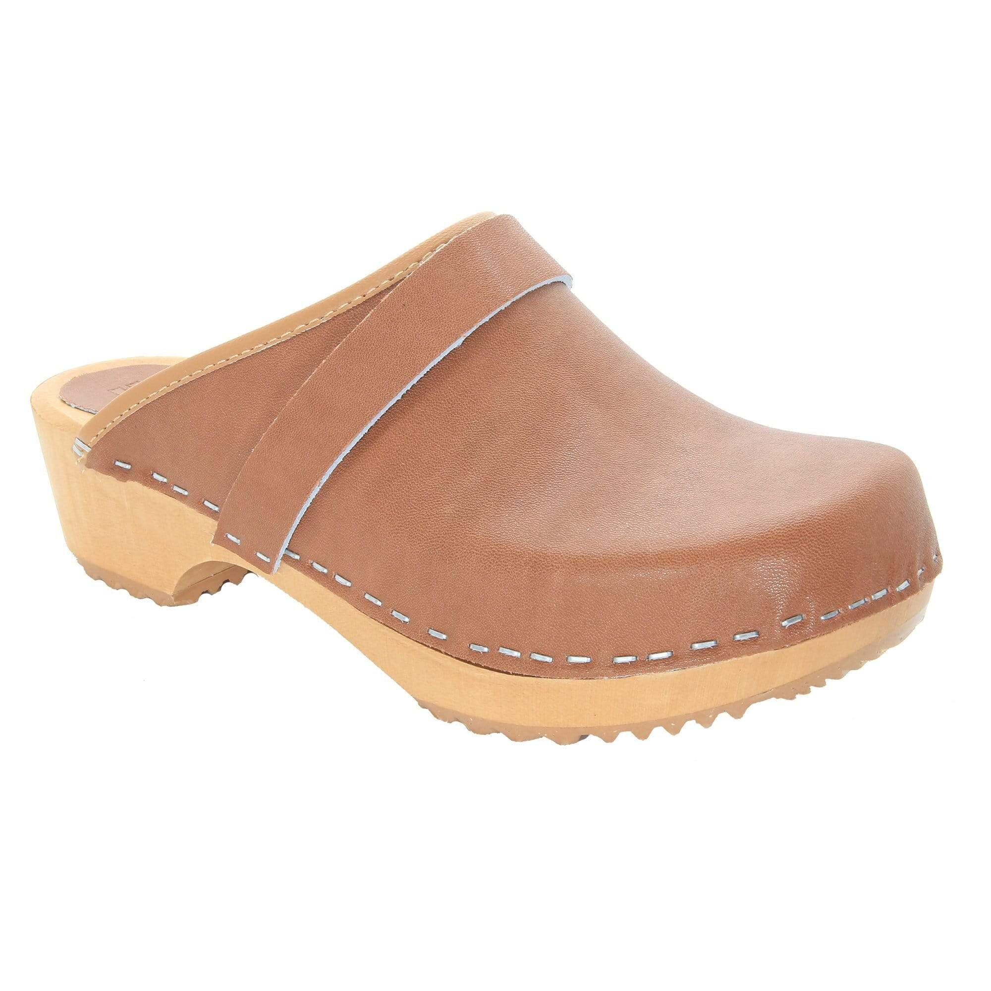 Maja Wood Open Back Brown Leather Clogs