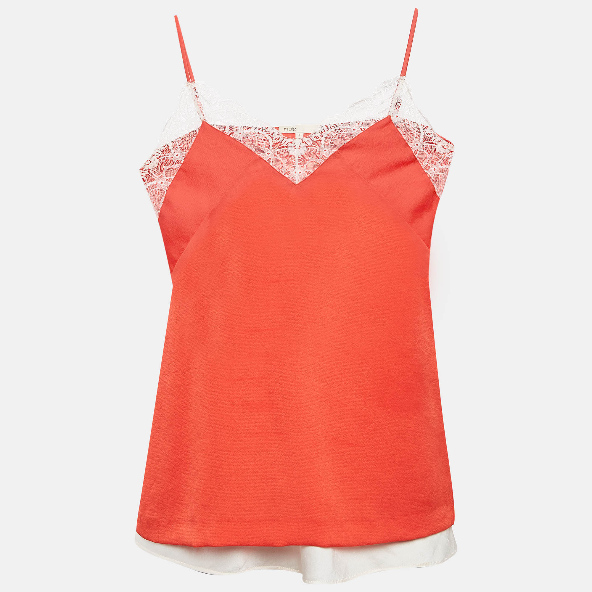 Maje Orange/White Crepe and Satin Lace Trim Camisole Top Set of 2 M/L