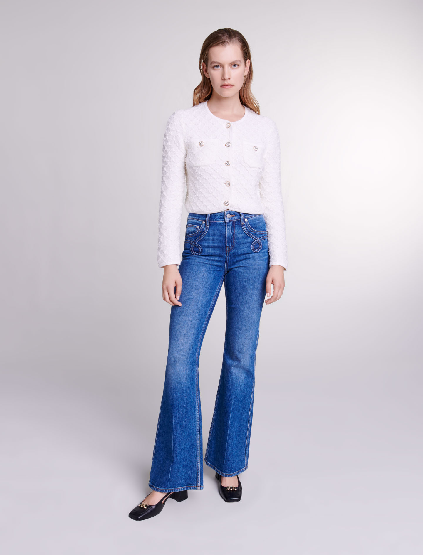 Maje Woman's cotton, Embroidered flared jeans for Fall/Winter, size Woman-Pants & Jeans-US XS / FR 34, in color Blue / Blue