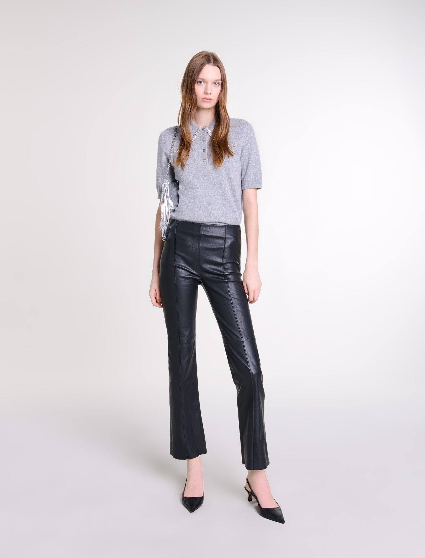 Maje Woman's cotton, Leather trousers for Fall/Winter, size Woman-Pants & Jeans-US XS / FR 34, in color Black / Black