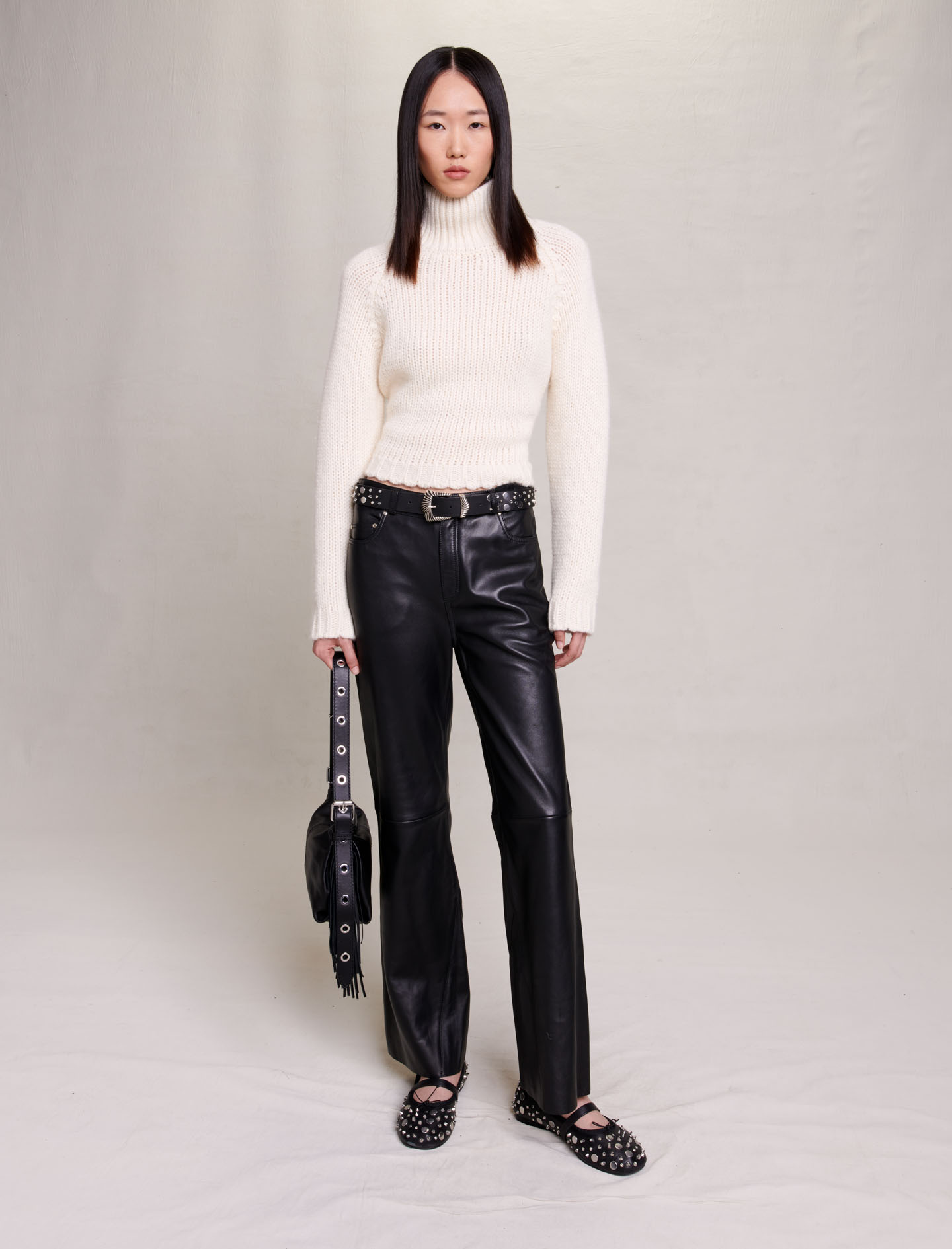 Maje Woman's cotton Leather trousers for Fall/Winter, size Woman-See All-US XS / FR 34, in color Black / Black