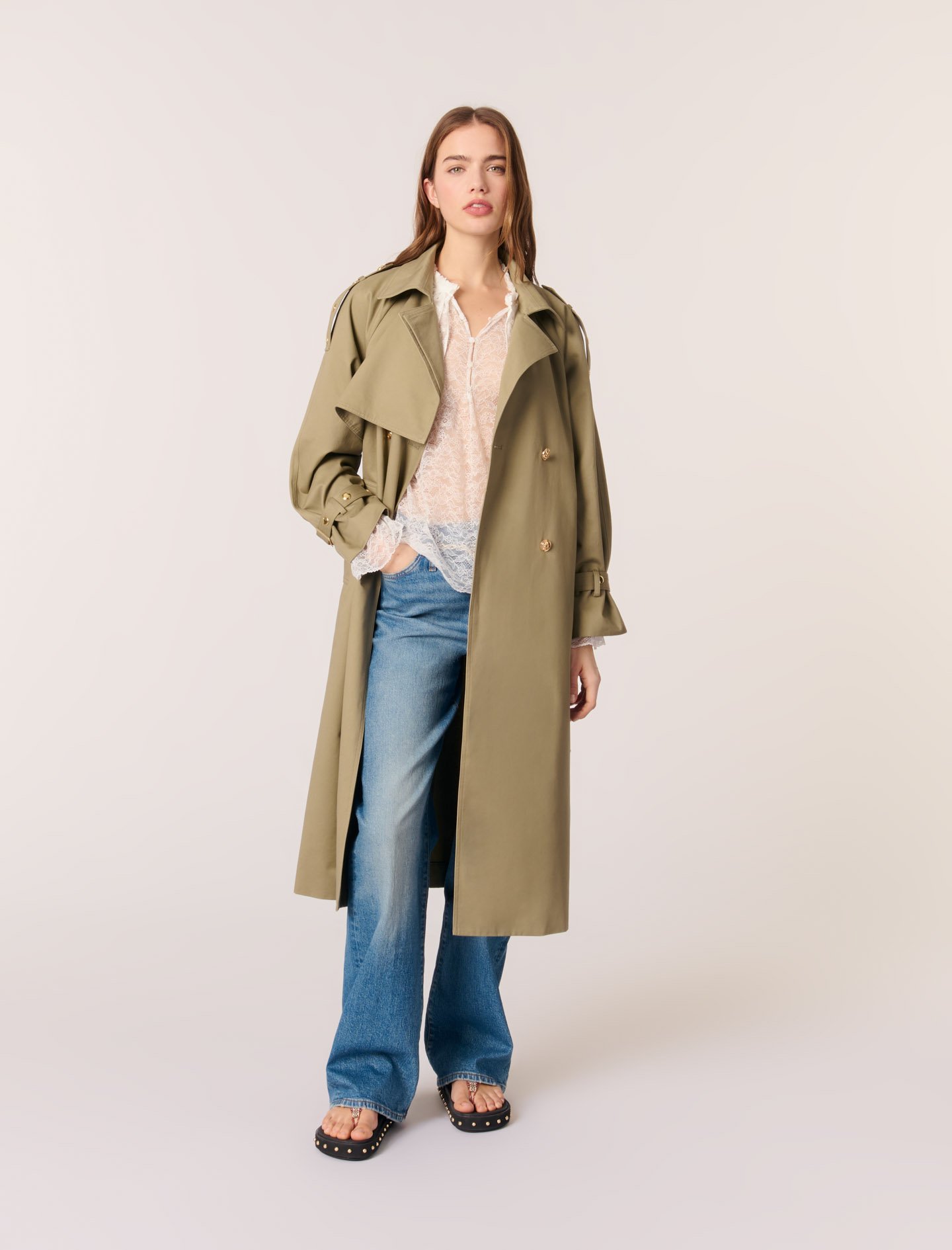 Maje Woman's cotton Lining: Removable collar stud trench coat for Spring/Summer, size Woman-Coats-US XS / FR 34, in color Khaki / Beige