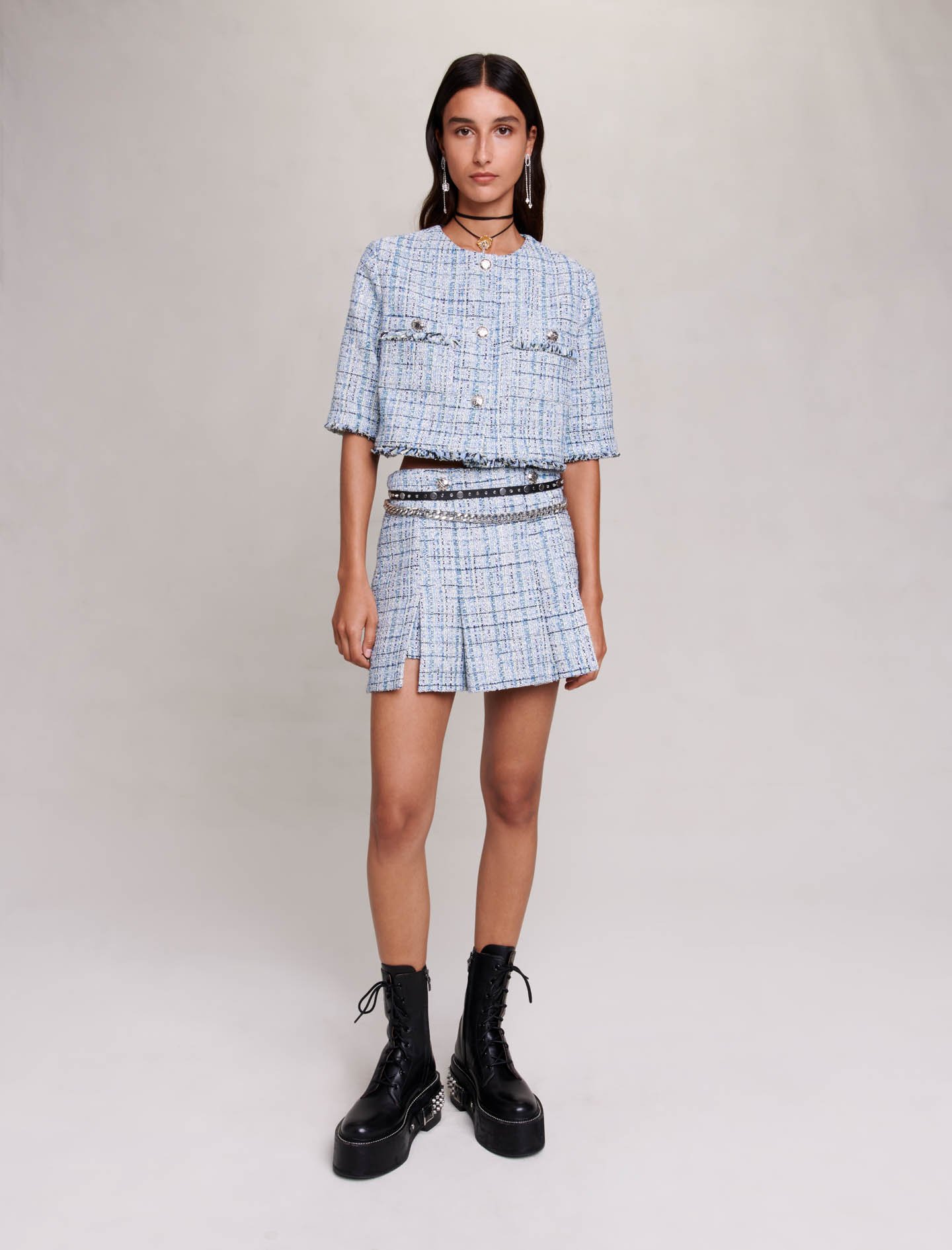 Maje Woman's cotton, Short pleated skirt for Fall/Winter, size Woman-See All-US XS / FR 34, in color Light Blue / Blue