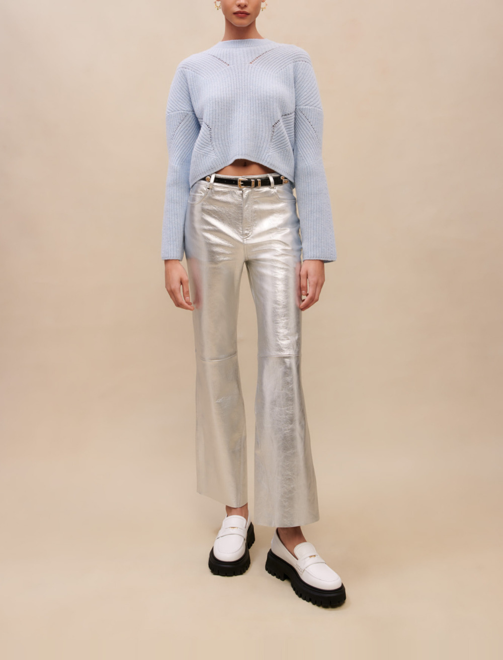 Maje Woman's cotton, Silver leather trousers for Spring/Summer, size Woman-See All-US XS / FR 34, in color Silver / Grey