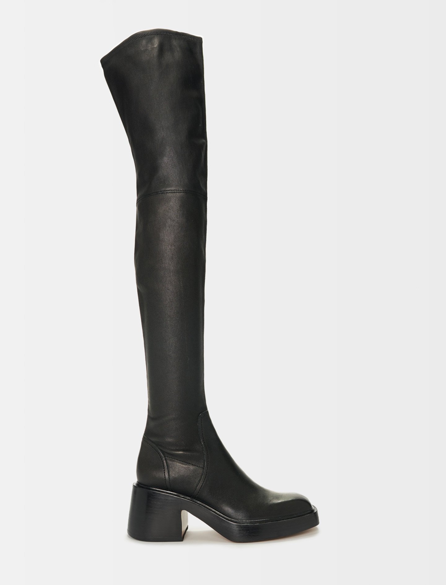 Maje Woman's goat Outer sole: cow Upper: Black leather heeled thigh boots, size Woman-See All-US 9.5 / FR 40, in color Black / Black