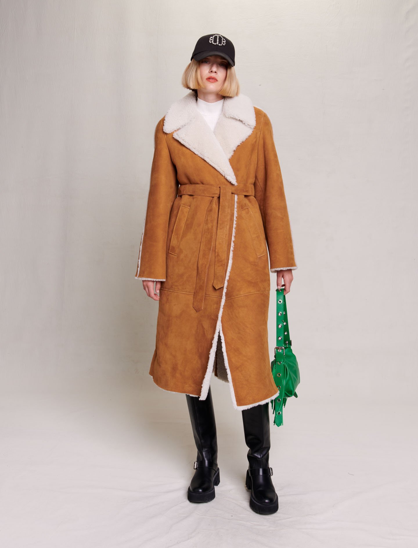 Maje Woman's lamb Pocket lining: Long fleece coat for Fall/Winter, size Woman-See All-US S / FR 36, in color Camel / Brown