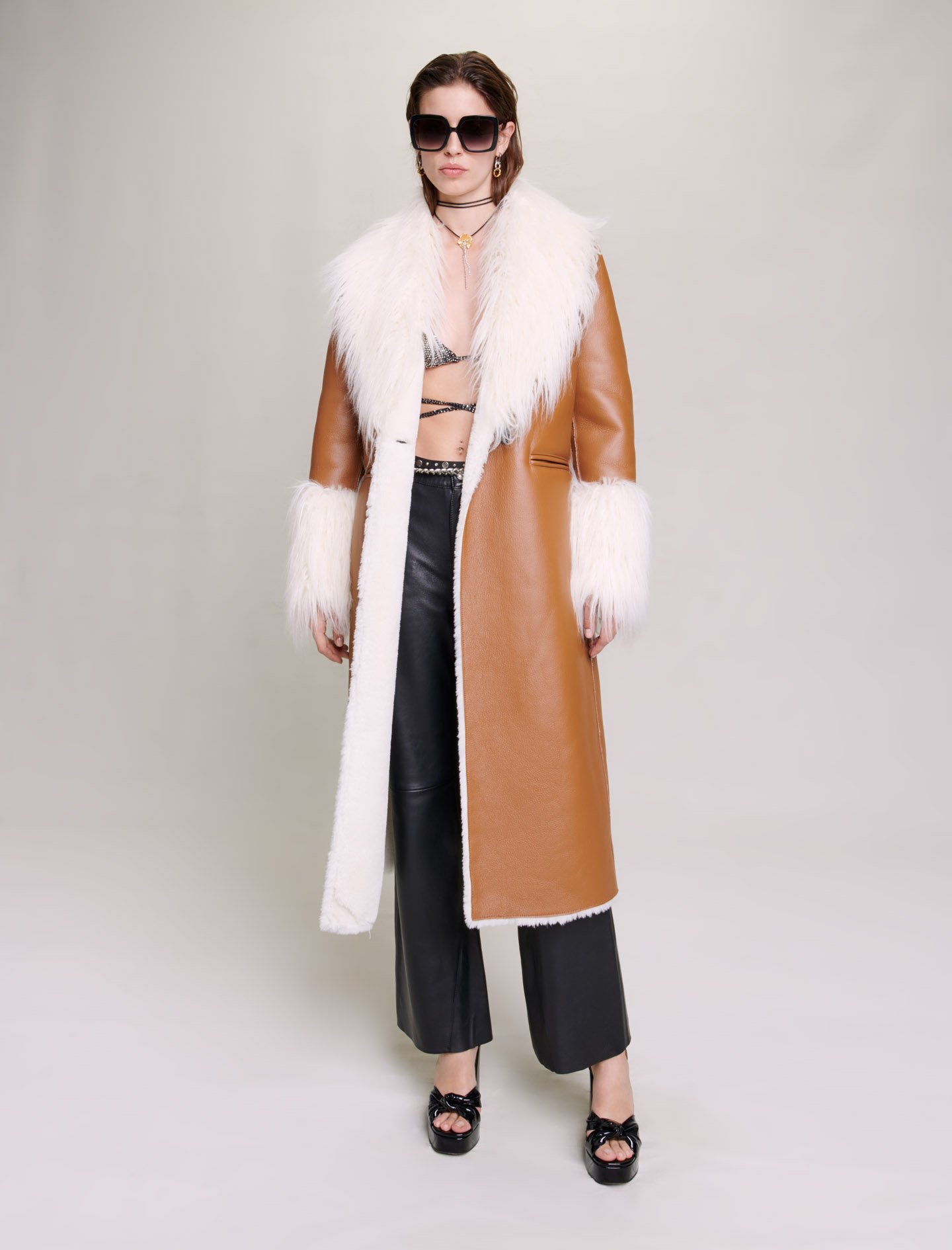 Maje Woman's polyester Coating: Long faux fur coat for Fall/Winter, size Woman-See All-US S / FR 36, in color Camel / Brown